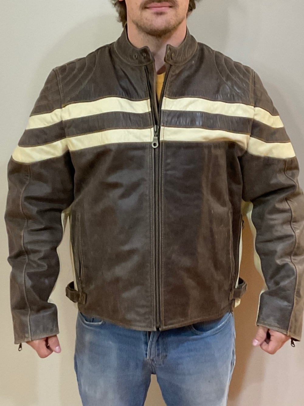 COGI Leather Jacket Cafe Racer Motorcycle Jacket XXL brown & cream
